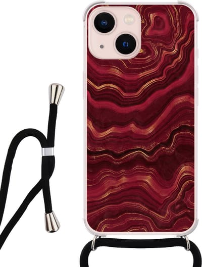 Hoesje met koord - Geschikt voor iPhone 13 - Marmer rood agate - Verstelbaar zwart koord - Transparant - Print / Illustratie - Leuke Telefoonhoesjes