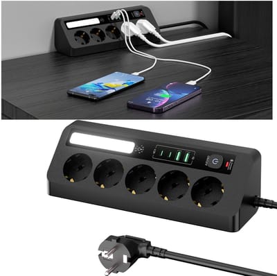 Namajunas - Stekkerdoos met usb en schakelaar - Tafelcontactdoos met overspanningsbeveiliging - 6-voudig - LED-verlichting - Aanraak-nachtlampje - 4 USB-poorten - 2 USB-C & 2 USB-A Poorten - 1.8M Verlengsnoer voor kantoor en thuis - Zwart