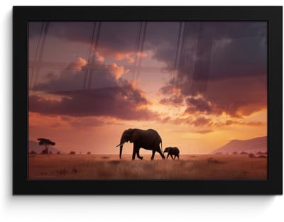 Poster in lijst - Fotolijst 30x20 cm - Posters - Olifanten - Grasland - Zonsondergang - Posterlijst zwart - Decoratie - Wanddecoratie woonkamer - Muurdecoratie slaapkamer
