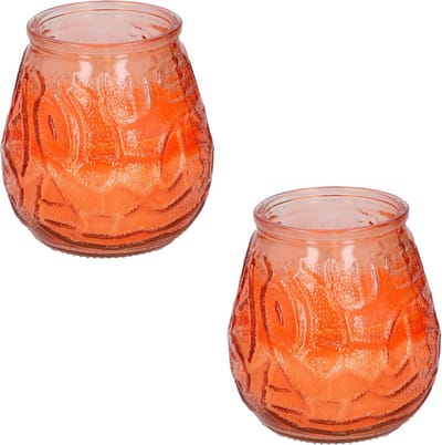 Set van 2x stuks citronella lowboy tuin kaarsen in oranje glas - 10 cm - 15 branduren