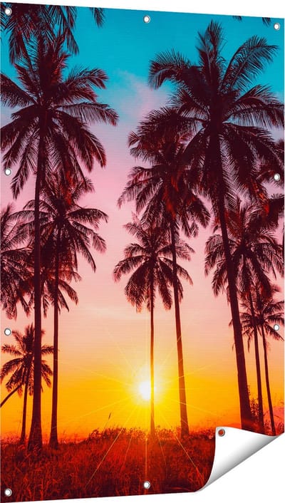Gards Tuinposter Palmbomen op het Strand bij Zonsondergang - 80x120 cm - Tuindoek - Tuindecoratie - Wanddecoratie buiten - Tuinschilderij