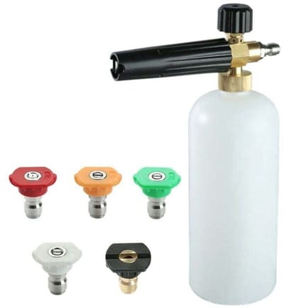 Schuimspuitpistool met 1/4-inch snelkoppeling, 1 liter inhoud, wordt geleverd met 5 sproeikoppen, geschikt voor hogedrukreinigers.