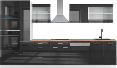 Vicco R-Line Keukenblok – 350 cm met hoge kast, WB Eik Antraciet hoogglans/wit
