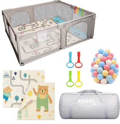 Grondbox – Top kwaliteit - Stevig - Eenvoudig - Twee formaten - 180x150cm - Inclusief Dubbelzijdige Speelmat – Baby Speelbox met 50x Speelballen - Kinderbox - Babybox - Box voor baby's - Kruipbox - Baby box - Playpen - Grijs