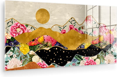 MuchoWow® Glasschilderij 40x20 cm - Schilderij acrylglas - Goud - Bloemen - Print - Abstract - Landschap - Patronen - Foto op glas - Muurdecoratie woonkamer - Wanddecoratie slaapkamer - Schilderijen