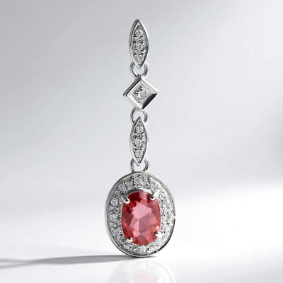 Cavill - Zilveren hanger platina geplateerd - 0 73 ct roze koper toermalijn ovaal uit Mozambique - 19 zirkonia pavé - elegant dames sieraad 32x9 5 mm