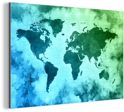 Aluminium schilderij 180x120 cm - Wanddecoratie metaal - Wereldkaart - Blauw - Groen - Metalen muurdecoratie woonkamer - Decoratie industrieel - Foto op dibond - Industriële accessoires slaapkamer
