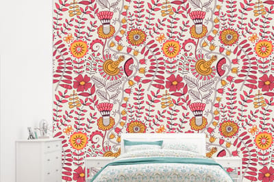 Behang - Fotobehang Bloemen - Design - Roze - Oranje - Breedte 315 cm x hoogte 260 cm