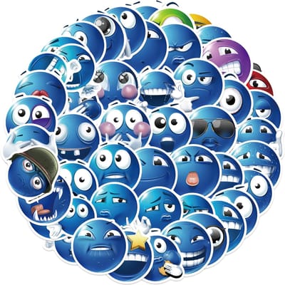 50 pièces Autocollants Expression Haricot Bleu Autocollants Expression Visage Souriant Drôle pour Téléphone Skateboard Autocollant DIY Imperméable blue