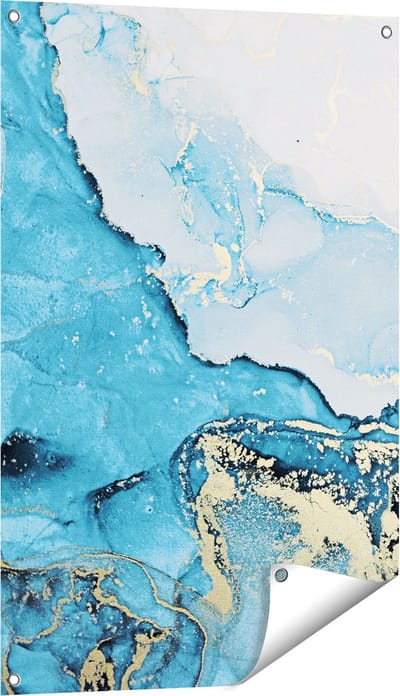 Gards Tuinposter Abstracte Kunst van Blauwe Marmer met Goud - 60x90 cm - Tuindoek - Tuindecoratie - Wanddecoratie buiten - Tuinschilderij