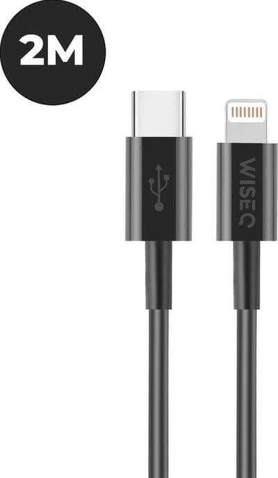 USB C naar Lightning kabel 2 meter - USB C snelladen oplaadkabel met Lightning aansluiting - geschikt voor iPhone en iPad - zwart - WiseQ