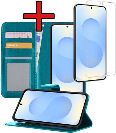 Hoesje - Met Screenprotector - Geschikt voor Samsung Galaxy S25 Edge - Luxe Pasjeshouder - Flipcase - Bookcase Portemonee - Flip Case - Kunstleer Book Case - Book Cover - Walletcase - Portemonneehoes - Telefoonhoes - Turquoise