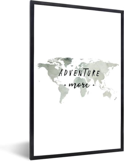 Poster in lijst - Fotolijst 40x60 cm - Posters - Wereldkaart - Aquarelverf - Adventure - Posterlijst zwart - Decoratie - Wanddecoratie woonkamer - Muurdecoratie slaapkamer