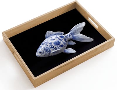 Dienblad hout 40x30 cm - Schootdienblad - Porselein - Goudvis - Delfts - Blauw - Borrelplank rechthoek - Plateau dienbladen
