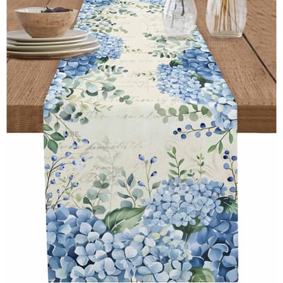 Lente Hortensia Bladeren Linnen Tafel Runner Feest Decoratie Waterverf Bloemen Eucalyptus Bladeren Tafel Lopers Bruiloft Decoraties 150x33cm gray