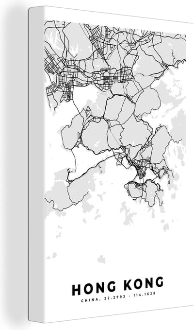 Canvas Schilderij Hong Kong - Stadskaart - Zwart Wit - Plattegrond - Kaart - 20x30 cm - Wanddecoratie