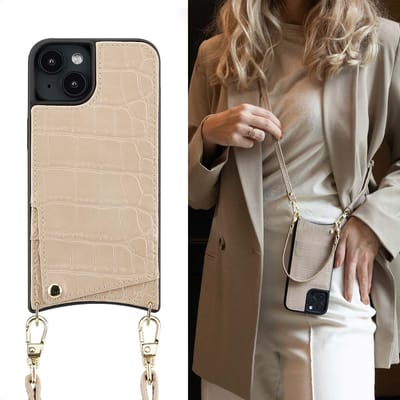 Selencia Hoesje - Geschikt voor Apple iPhone 14 / 13 - Croco Backcover met koord en pashouder - Beige