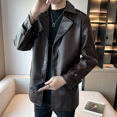 Leren Heren Lente en Herfst Hong Kong Stijl Trendy Veelzijdige Reversjas Mooie Losse Casual Pu Herenjas 3XL bruin
