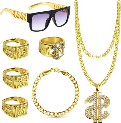 Complete Hip Hop Kostuumset met 8 Accessoires voor Mannen - Gouden Ketting, Zonnebril en Ringen voor 80s en 90s Outfits, Perfect voor Feestjes en Themed Events