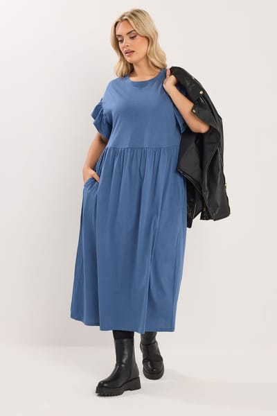 Yours Midaxi Jurk Van Katoen Met Zakken En Ruchemouwen In Blauw Size 42
