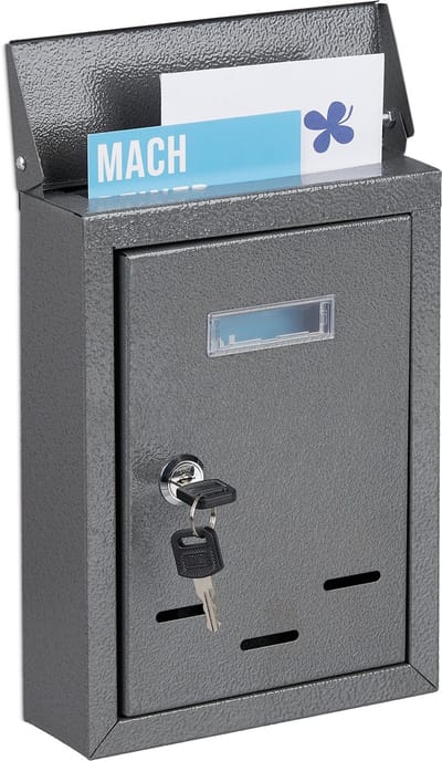 wandbrievenbus - met naambordje - metaal - slot - 2 sleutels - 26,5 x 19 x 6,5 cm - grijs