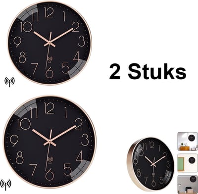 Draadloze Stille Wandklok - 2 Stuks - 30cm Klok Modern - Analoog - Stil Uurwerk - Muurklok- Zwart