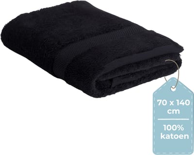 HUSH Living Badhanddoek - per stuk - 70×140 cm - 100% katoen - zware kwaliteit 500g/m2 - stijlvol boord en ophanglus - zwart