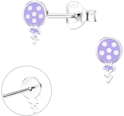 Joy|S - Zilveren ballon oorbellen - 4 x 8 mm - paars met stipjes - massief oorknopjes - kinderoorbellen