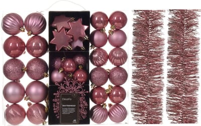 Kerstversiering set - oudroze - kerstballen, ornamenten en folie slingers - kunststof