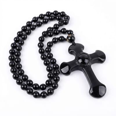 Zwarte kralen ketting voor heren en dames met kruis hanger – glanzend design – unisex rozenkrans stijl