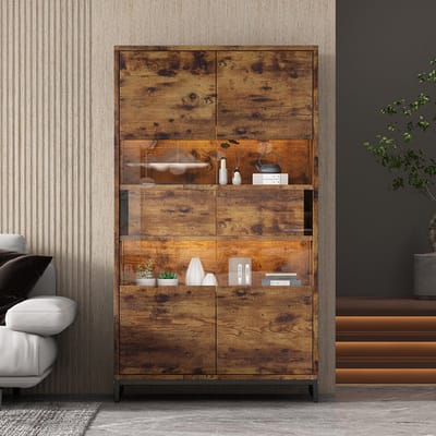 Pugsdrly 80*40*138 cm Vitrinekast met ledverlichting, vitrinekast op pootjes, vitrinekasten met 2 laden, opbergvitrine met acryl afdekking, hoog dressoir, wijnkasten, boekenkasten met veel opbergruimte, zwart + houtnerf