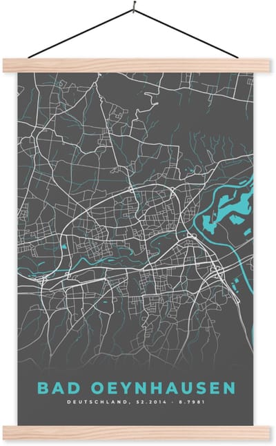 Posterhanger incl. Poster 60x90 cm - Schoolplaat - Duitsland – Blauw – Bad Oeynhausen – Stadskaart – Kaart – Plattegrond - Textielposter - Blanke latten - Stadskaart