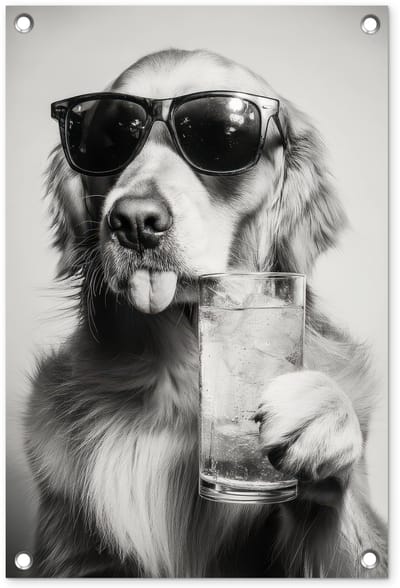 Tuinposter 40x60 cm - Tuindecoratie Golden retriever - Hond - Zonnebril - Gkas - Poster voor in de tuin - Buiten decoratie - Schutting tuinschilderij - Tuindoek muurdecoratie - Wanddecoratie balkondoek