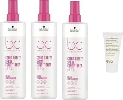 3 x Schwarzkopf Bonacure Color Freeze Spray Conditioner 400ml - + WILLEKEURIG Travel Size