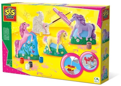 Moulage et peinture - SES CREATIVE - Hobby Pink - 3 chevaux - 3 figurines a créer avec plâtre - Peinture et paillettes - Age : 5+