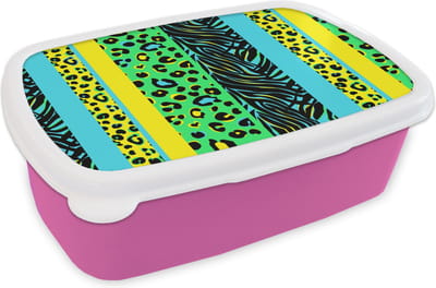 Broodtrommel Roze - Lunchbox - Brooddoos - Design - Panterprint - Geel - Groen - 18x12x6 cm - Kinderen - Meisje