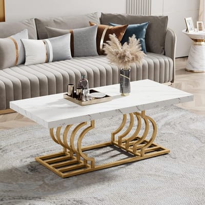 Tribesigns Salontafels Modern - Salontafel met Geometrisch Frame - Bijzettafel Goud - Tafel - Sidetable - Nep-Marmer - 120 x 50 x 50 cm