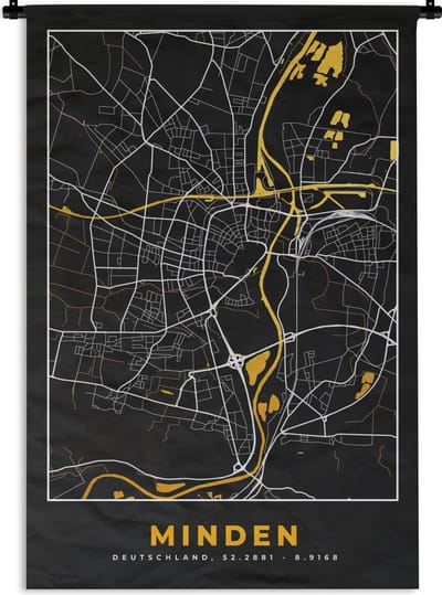 Wandkleed - Wanddoek - Kaart – Plattegrond – Stadskaart – Minden – Duitsland – Goud - 120x180 cm - Wandtapijt