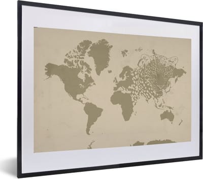 Poster in lijst - Fotolijst 60x40 cm - Posters - Wereldkaart - Bruin - Panter - Posterlijst zwart - Decoratie - Wanddecoratie woonkamer - Muurdecoratie slaapkamer