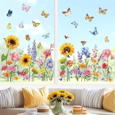 PromoHome Dubbelzijdige Raamstickers Lentetuin Set - Wilde Bloemen, Zonnebloemen, Vlinders - Statische Raamdecoratie - 8 Vellen - 21x30 cm - Herbruikbare Raamfolie