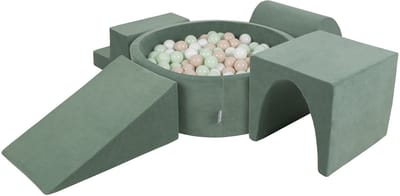 KiddyMoon spielplatz velvet aus schaumstoff mit samt rund bällebad (200 bälle) ballgruben für babys spielbad hindernisläufen, hergestellt in der eu, waldgrün: pastellbeige/weiß/minze