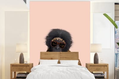 Fotobehang dieren - Fotobehang - Aap - Dieren - Zonnebril - Panterprint - Lolly - 165x220 cm - Behang - Dieren behang