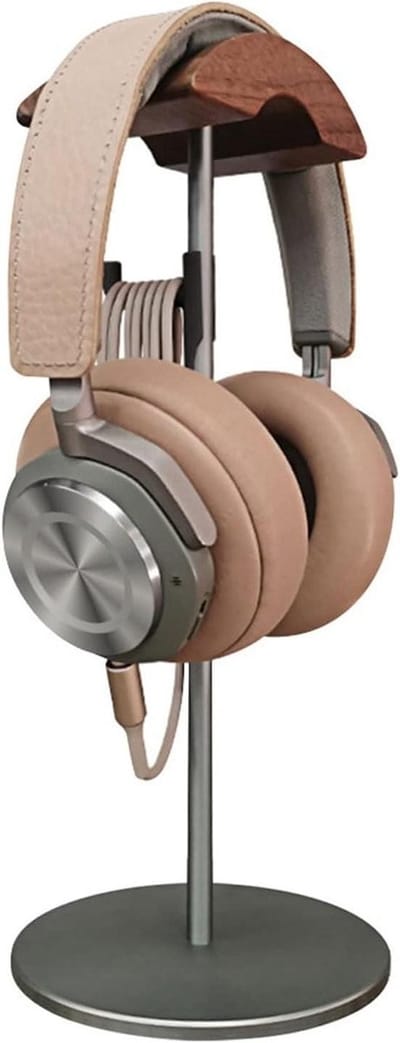 Koptelefoon Stand - Headset Houder - Bureau Organisatie - Natuurlijk Walnoothout - Zware Basis - Zwart Grijs