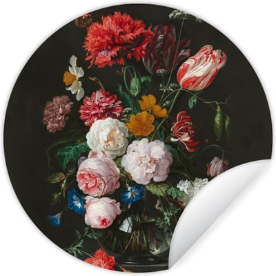 Behangcirkel - Muurstickers slaapkamer - Bloemen - Stilleven - Kunst - Oude meesters - Wandsticker - Ronde wanddecoratie - Muursticker rond - 80x80 cm - Behangsticker - Plak stickers - Ronde muursticker - Cirkel behang