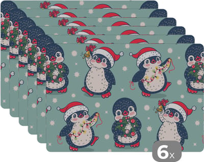 Placemat - Placemats kunststof - Pinguïn - Lichtsnoer - Kerstkrans - Patronen - 45x30 cm - 6 stuks - Hittebestendig - Anti-Slip - Onderlegger - Afneembaar