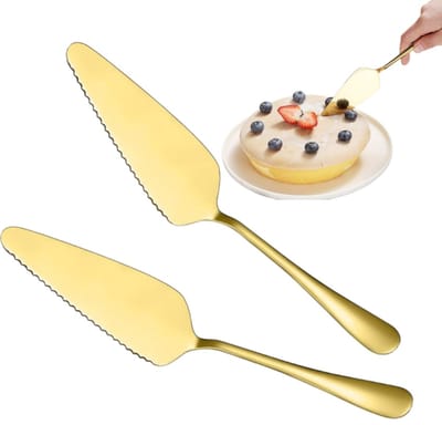 2 stuks gouden bestekset voor taarten - Roestvrij staal met tanden voor eenvoudig snijden - Taartsnijder voor bruidstaarten - Serveerspatel voor taarten - 22,7*4,8 cm - Geschikt voor bruiloften en andere gelegenheden - Goud.