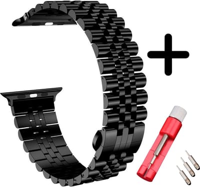 Strap-it Jubilee stalen band - Geschikt voor Apple Watch bandje - Series 1/2/3/4/5/6/7/8/9/10/11/SE/SE2/SE3 - Zwart - Staal/metalen schakel band met vlindersluiting - Voor maat: 38 / 40 / 41 / 42mm - Met inkorter toolkit