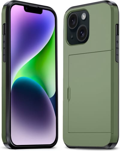 Hoesje Geschikt voor iPhone 14 Hoesje Pasjeshouder Shockproof Hard Case - Hoesje Geschikt voor iPhone 14 Hoes Met Kaarthouder - Donkergroen