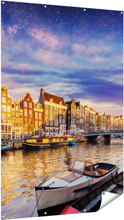 Gards Tuinposter Amsterdamse Gracht in de Nacht met Sterren - 120x180 cm - Tuindoek - Tuindecoratie - Wanddecoratie buiten - Tuinschilderij