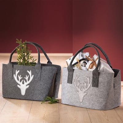 Elegante Vilten Tas Met Hert En Glitter Grijs – Kranten- En Winkeltas Met Houten Mand En Riem (26 x 44 Cm)